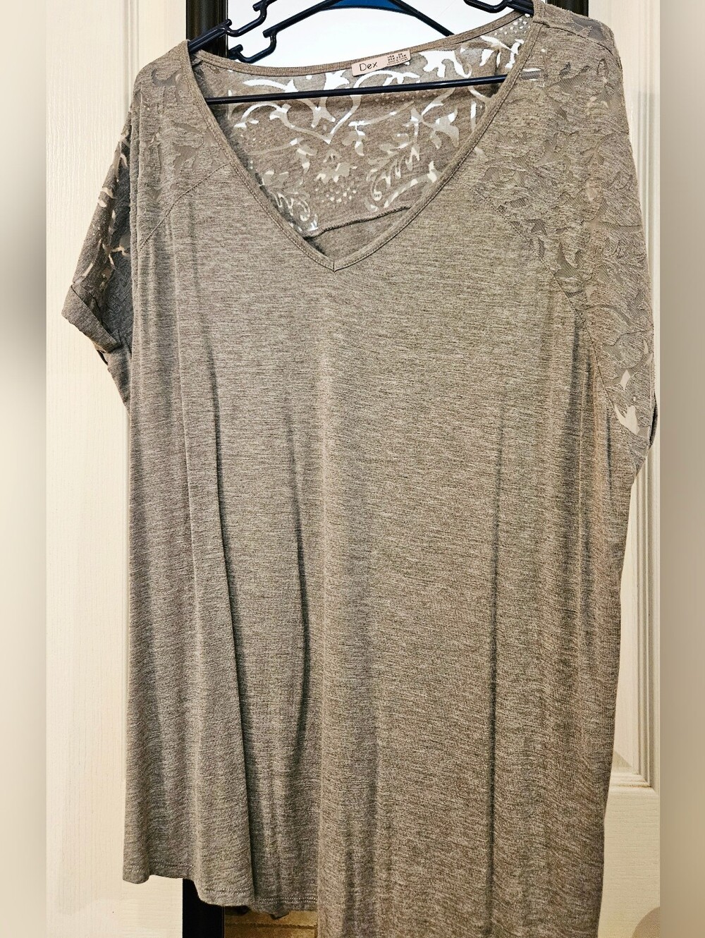 Dex Women's Gray V-Neck Short Sleeve Top with Lace Detail